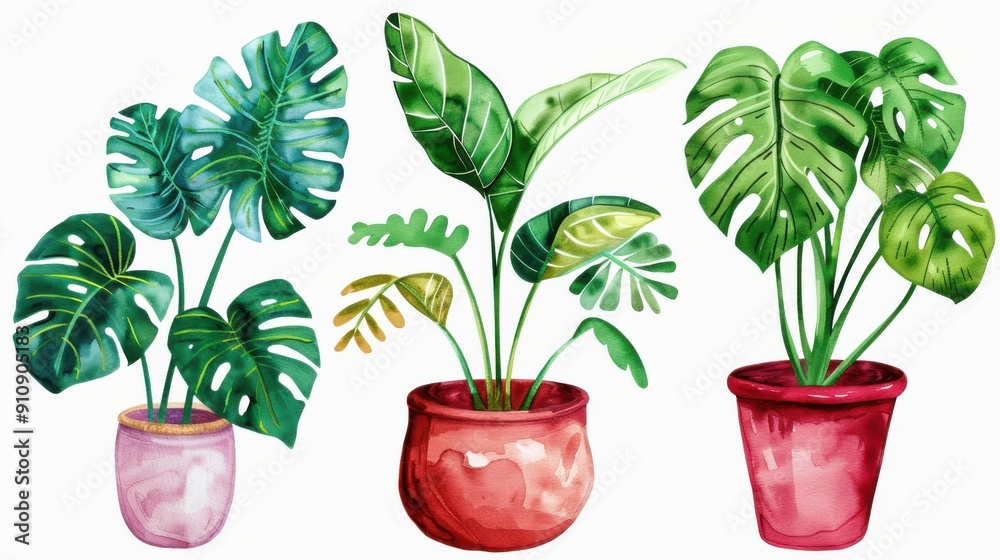 Fototapeta premium Vibrant watercolor plants in pots showcase indoor and outdoor beauty. Ideal for invitations, cards, and stylish prints.
