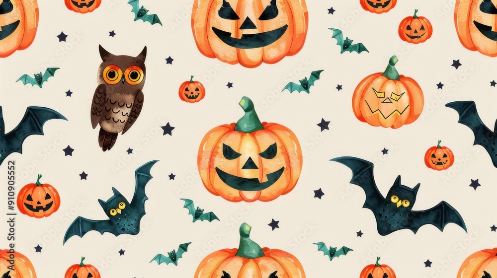 Spooky cute seamless Halloween pattern with pumpkins, bats, and owls in cheerful watercolor style Spooky cute seamless Halloween pattern with pumpkins, bats, and owls in cheerful watercolor style