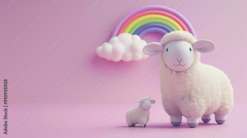 A fluffy white sheep and a smaller lamb stand in front of a rainbow and cloud on a pink background. A fluffy white sheep and a smaller lamb stand in front of a rainbow and cloud on a pink background.