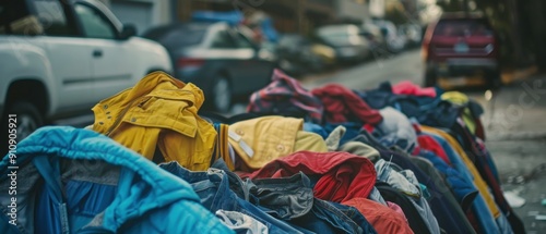 A vibrant collection of discarded clothing on a street, reflecting urban lifestyles and environmental challenges.