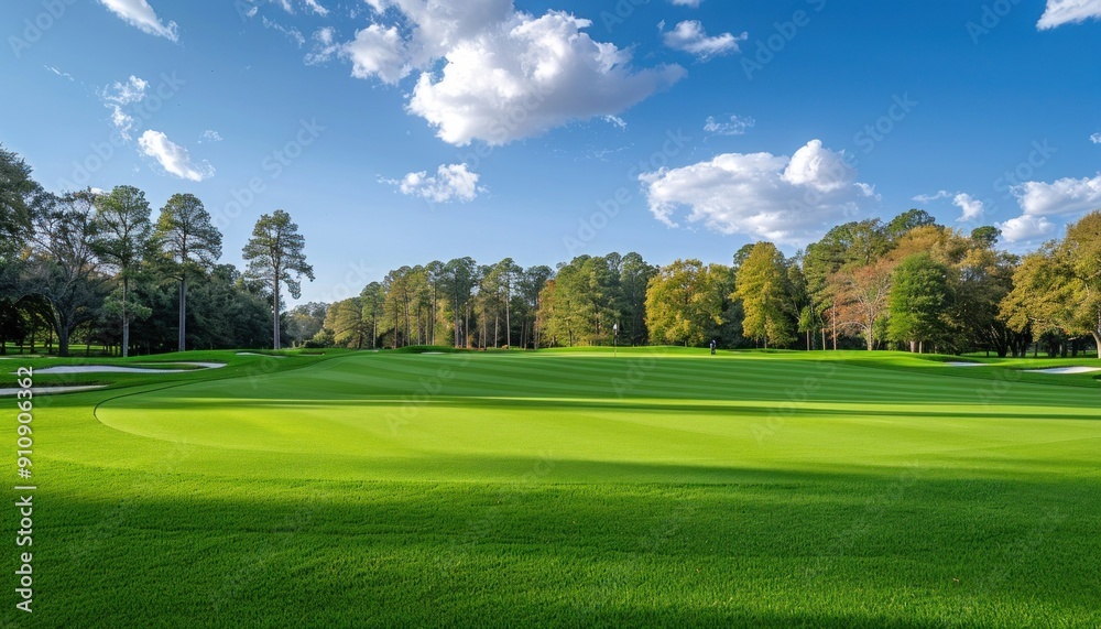 A beautiful golf course featuring trees in the background, under a blue sky adorned with clouds A beautiful golf course featuring trees in the background, under a blue sky adorned with clouds