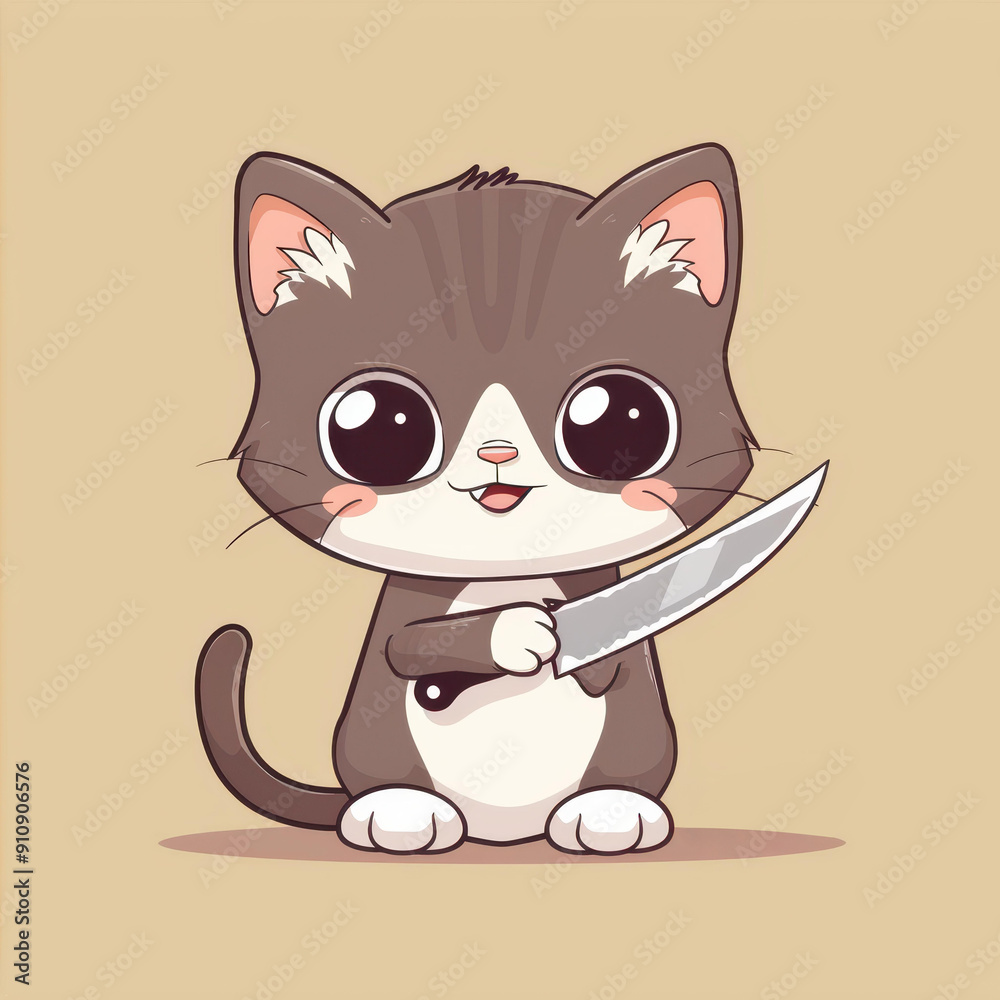 A cute kawaii kitten with a happy face, wielding a tiny knife, portrays an adorable and playful aggression in vintage toon style. A cute kawaii kitten with a happy face, wielding a tiny knife, portrays an adorable and playful aggression in vintage toon style.