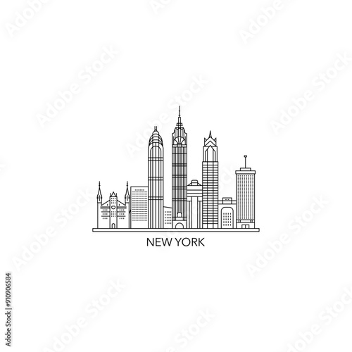 New York City USA skyline, horizon logo. Panorama, US NYC state icon, abstract landmarks, skyscraper, buildings. United States of America isolated thin line graphic, vector clipart