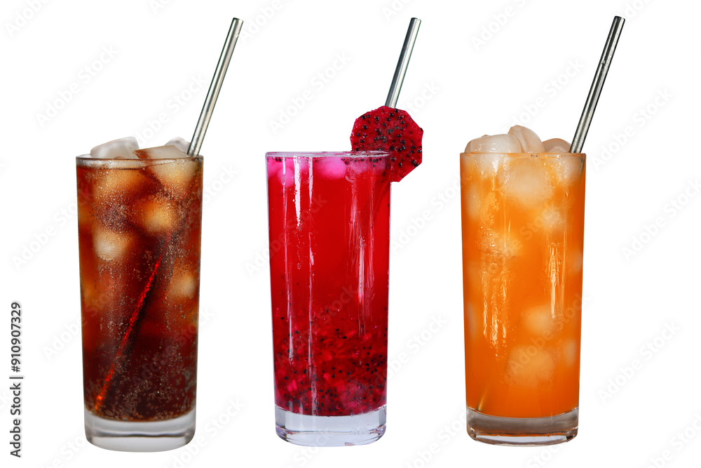 A glass of cola, Dragon fruit juice, and Mango juice isolated on a transparent background A glass of cola, Dragon fruit juice, and Mango juice isolated on a transparent background