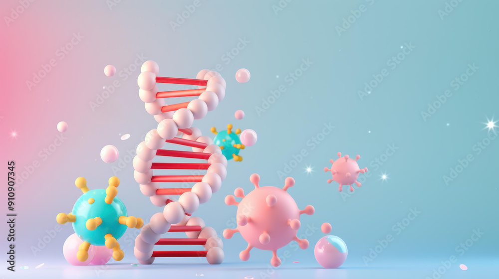 Explore vibrant 3D visuals of DNA strands and bacteria, showcasing the core of life and key focuses in medicine