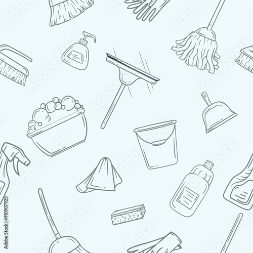 Seamless color pattern with cleaning items. Bright color illustration for gift paper, background and banner