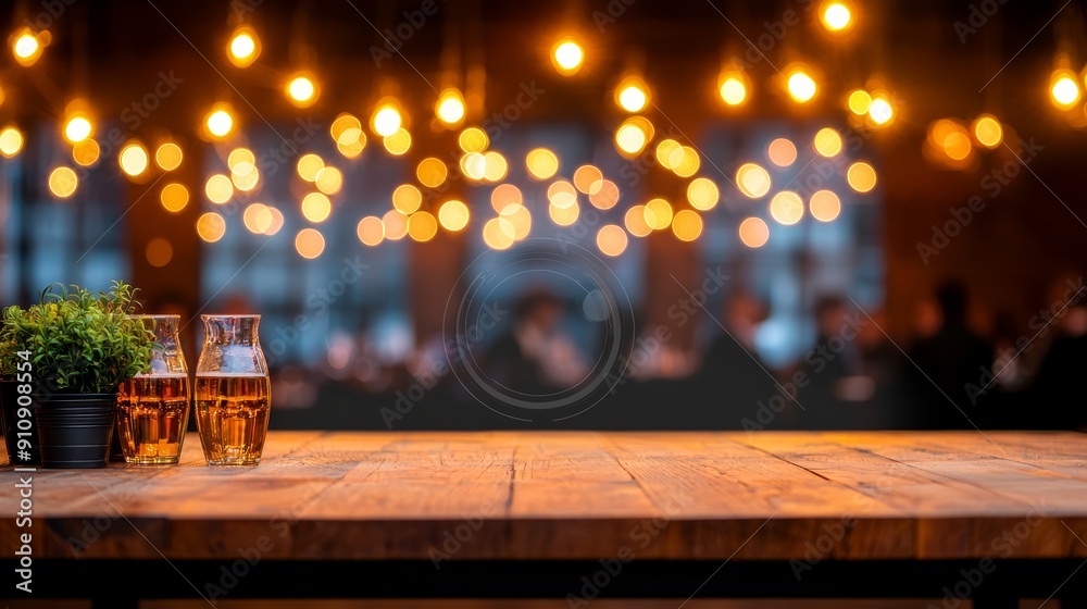 Cozy bar scene with two glasses of beer on a wooden table, surrounded by warm hanging lights, perfect for a relaxed evening. Cozy bar scene with two glasses of beer on a wooden table, surrounded by warm hanging lights, perfect for a relaxed evening.