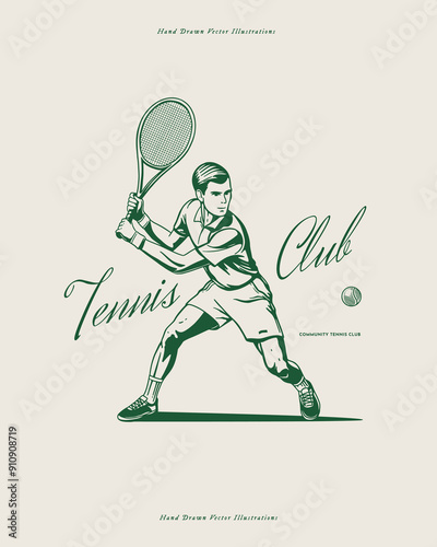 Vintage hand-drawn vector illustration of a tennis player in action with "Tennis Club" text. Ideal for sports clubs, retro-themed designs, and athletic branding.