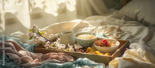 A romantic breakfast in bed on a wooden tray adorned with a flower branch corn flakes fruits milk eggs and coffee is illuminated by natural window light creating a serene setting with room for additi photo