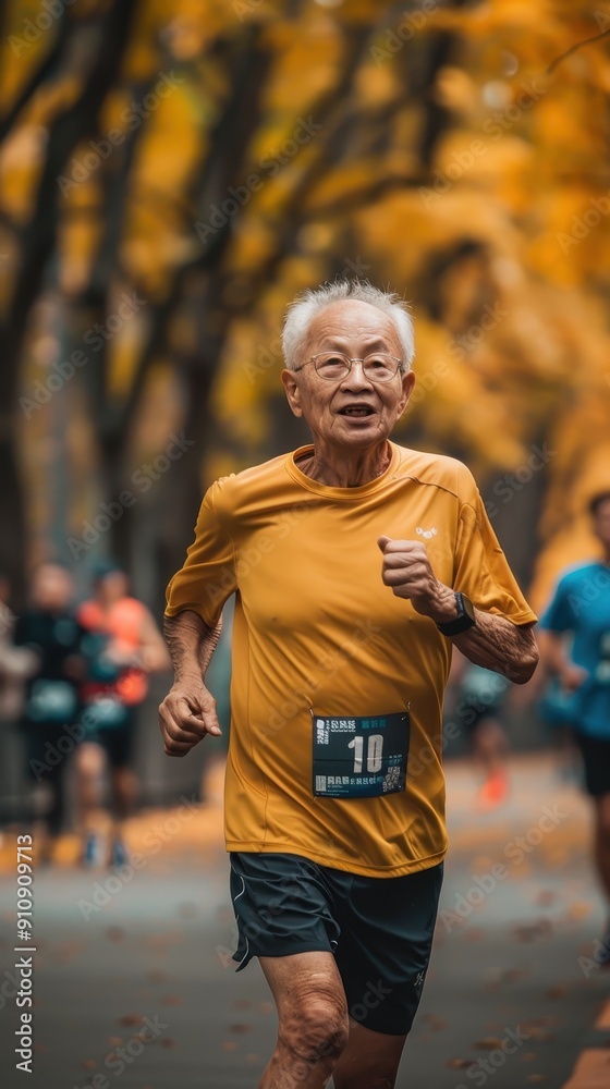 Obraz premium An elderly man runs joyfully through a park filled with autumn foliage