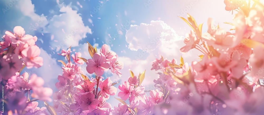 A serene copy space image featuring blooming flowers against a beautiful sky A serene copy space image featuring blooming flowers against a beautiful sky
