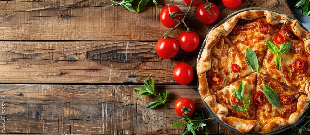 Vegetable pie with paprika tomatoes and cheese on a wooden surface with a blank space for an image. Creative banner. Copyspace image Vegetable pie with paprika tomatoes and cheese on a wooden surface with a blank space for an image. Creative banner. Copyspace image