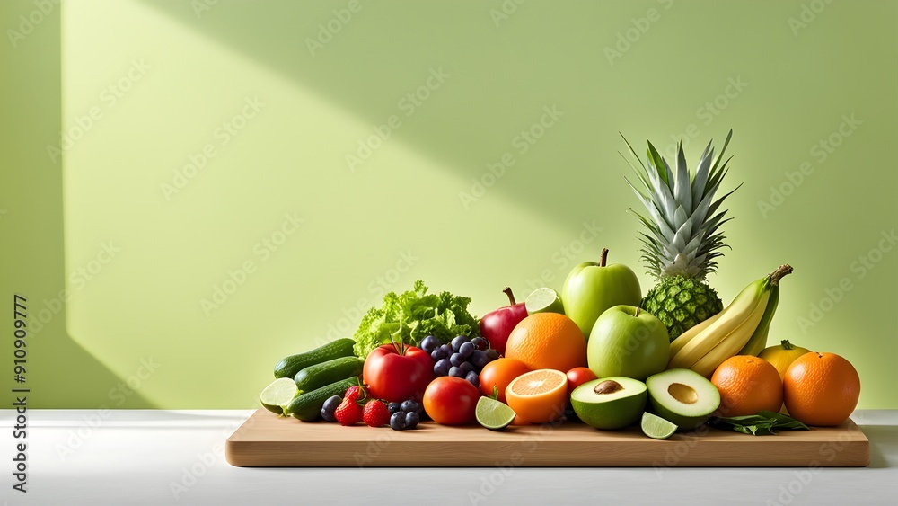 A wooden cutting board is covered with a variety of fruits and vegetables A wooden cutting board is covered with a variety of fruits and vegetables