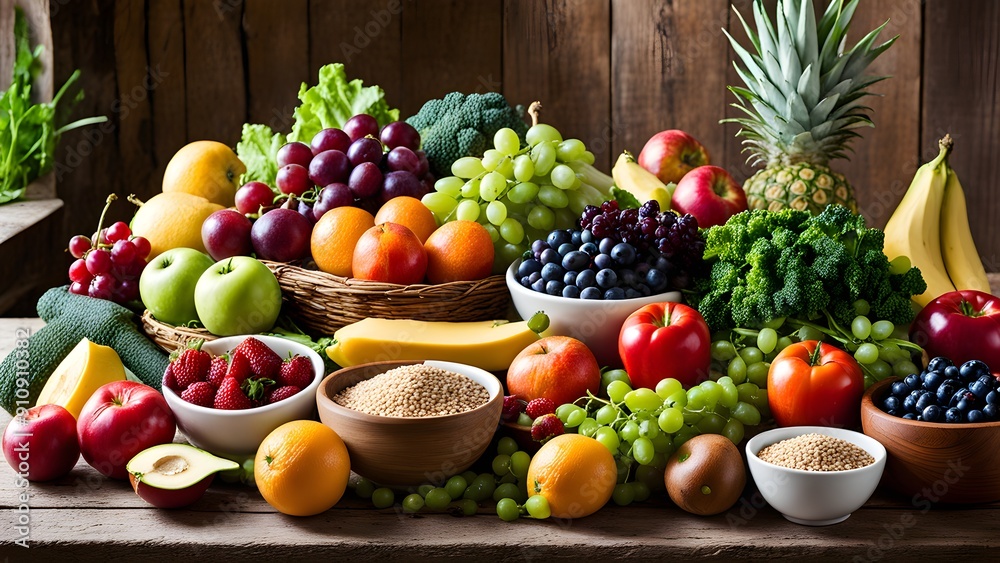 A table full of fruits and vegetables including apples, oranges, bananas, grapes A table full of fruits and vegetables including apples, oranges, bananas, grapes