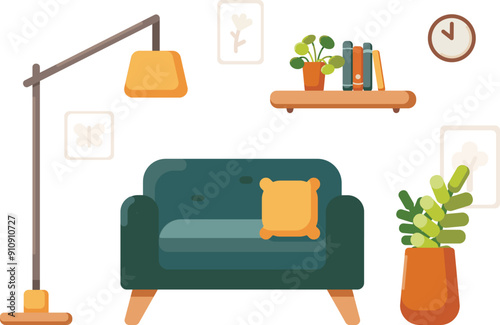 flat living room illustration with couch and lamp