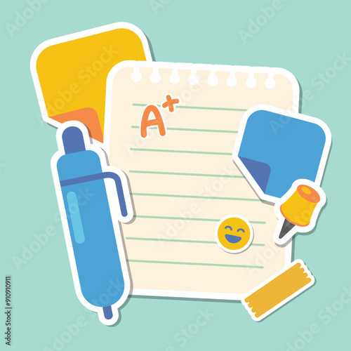 back to school paper notes and pen flat illustration stickers