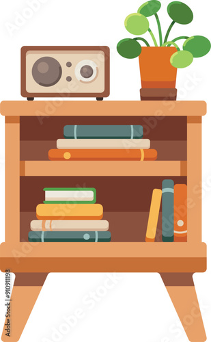 flat end table storage illustration with radio and books