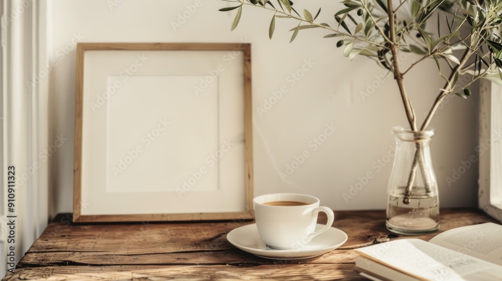 A white coffee cup sits on a wooden table next to a vase of olive leaves A white coffee cup sits on a wooden table next to a vase of olive leaves