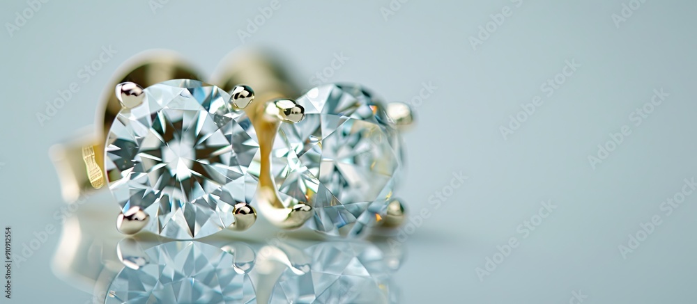 Elegant diamond stud earrings displayed against a white background with reflection in view in the copy space image Elegant diamond stud earrings displayed against a white background with reflection in view in the copy space image