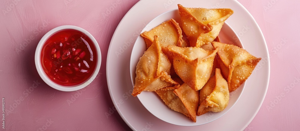 A top down shot of Indonesian pangsit goreng fried dumplings in a white bowl on a plate set against a pink backdrop for copy space image A top down shot of Indonesian pangsit goreng fried dumplings in a white bowl on a plate set against a pink backdrop for copy space image