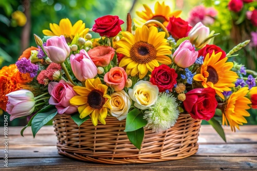 Un vibrante y colorido arreglo floral con girasoles, rosas y tulipanes en una canasta de mimbre. Este bouquet está diseñado para realzar cualquier espacio, trayendo un toque de naturaleza y belleza a 