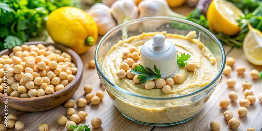 Un tazón de hummus fresco preparado en casa, decorado con garbanzos y perejil. Alrededor del tazón se encuentran los ingredientes clave como limones, ajo y garbanzos, reflejando la frescura y simplici Un tazón de hummus fresco preparado en casa, decorado con garbanzos y perejil. Alrededor del tazón se encuentran los ingredientes clave como limones, ajo y garbanzos, reflejando la frescura y simplici