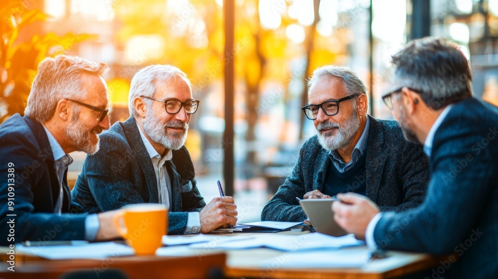 Group of senior men discussing ideas at a table outdoors, enjoying a sunny day with coffee and notes in a vibrant setting. Group of senior men discussing ideas at a table outdoors, enjoying a sunny day with coffee and notes in a vibrant setting.