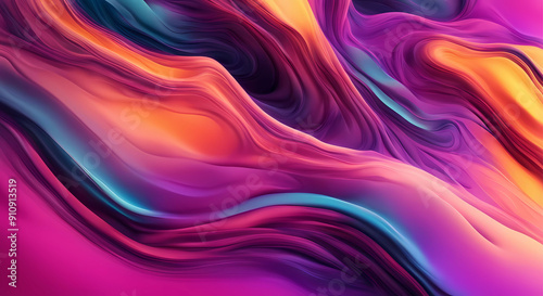 Trendy background with flowing liquid texture in orange purple with neon blue accents.