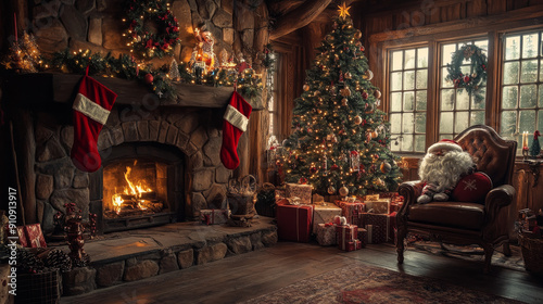 On Christmas Eve, Santa's cozy workshop glows softly with a Christmas tree and fireplace. A Santa Claus costume and hat hang on a chair beside a table adorned with festive gifts and decorations.