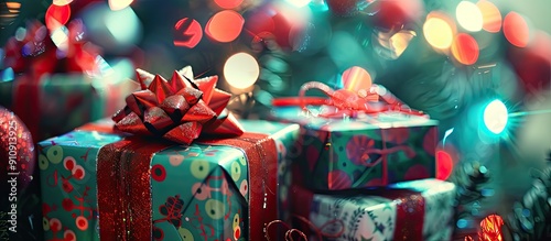 Festive Christmas gift boxes with themed wrapping and a defocused background of Christmas lights provide space for a copy space image