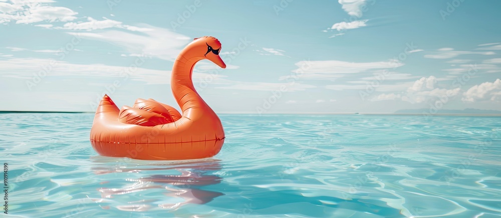 Fototapeta premium An inflatable orange swan balloon floating in a refreshing swimming pool water with a clear blue sky backdrop providing a serene copy space image