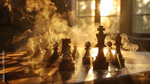 Chess Pieces on a Board with Smoke and Sunlight photo