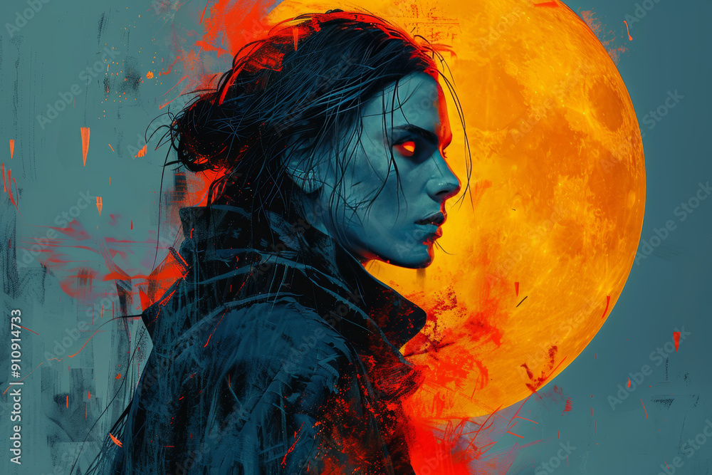 Fototapeta premium A Frightening Vampire with Full Moon in Background. Digital Painting