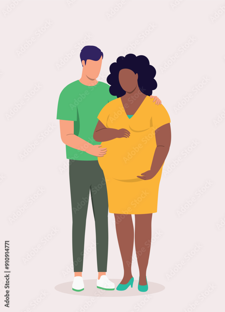 Portrait Of Plus Size Black Pregnant Wife With Her White Husband Standing Together With Arms Around. Portrait Of Plus Size Black Pregnant Wife With Her White Husband Standing Together With Arms Around.