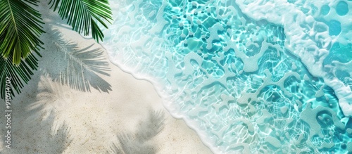 Fototapeta Naklejka Na Ścianę i Meble -  Summer beach background with copy space image featuring blue crystal water and white sand for holiday vibes