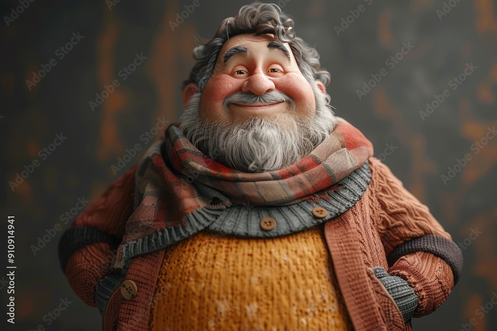 Charming elderly cartoon character with a gray beard, wearing a cozy sweater and scarf Charming elderly cartoon character with a gray beard, wearing a cozy sweater and scarf