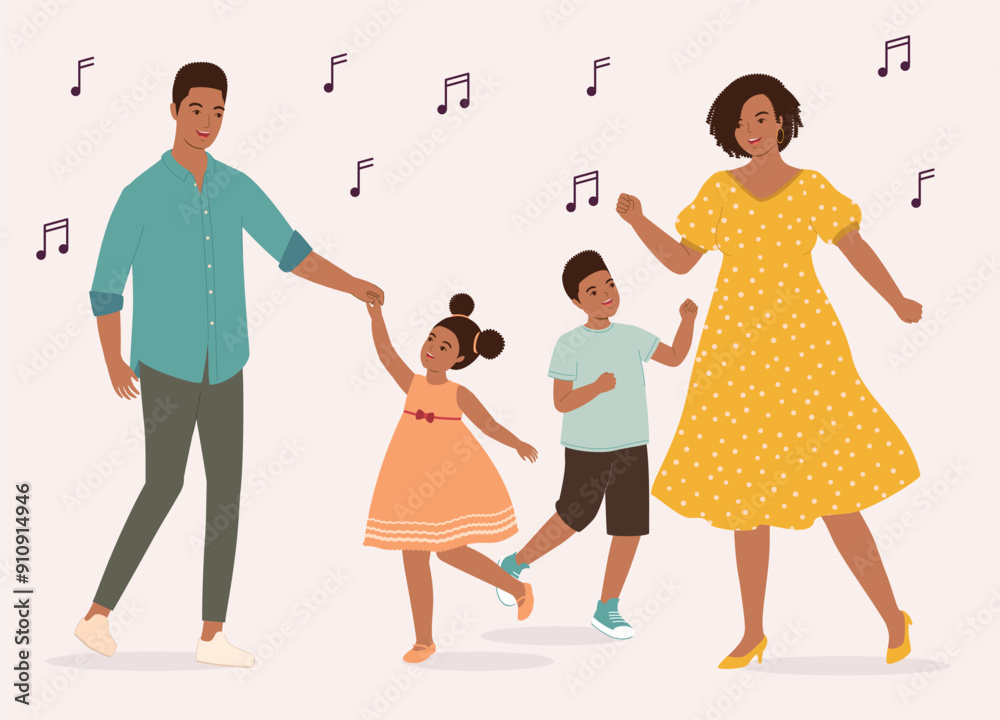 Happy Black Family With Two Children Dancing Together With Music. Full Length. Happy Black Family With Two Children Dancing Together With Music. Full Length.