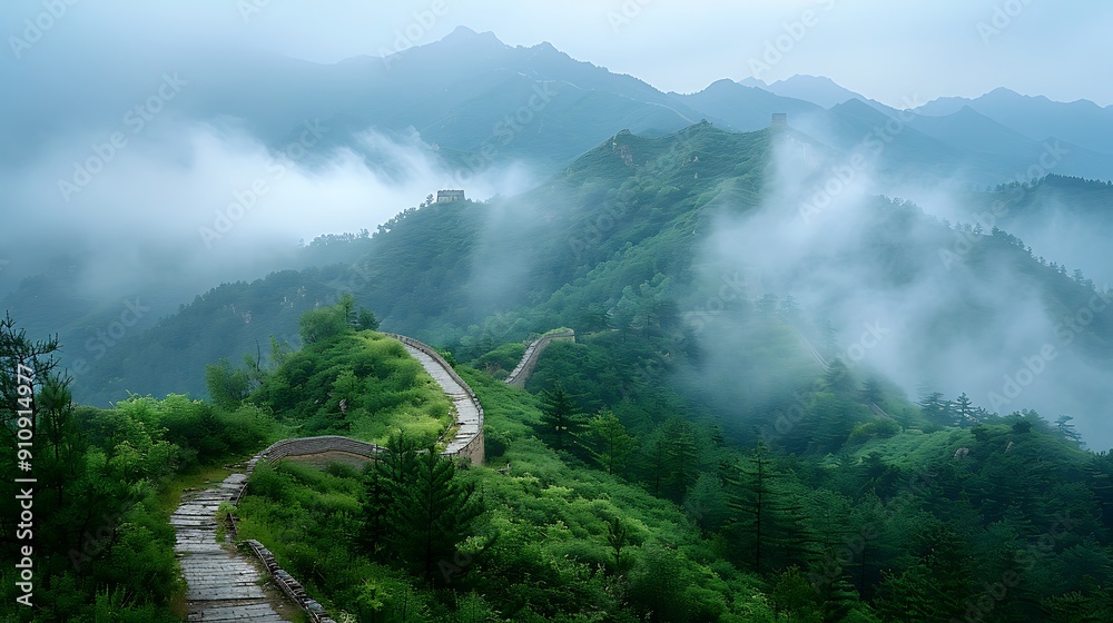 A misty morning on the Jinshanling section of the Great Wall of China, with the wall partially obscured by fog, soft morning light, and the sound of nature in the background. DSLR, wide-angle lens, A misty morning on the Jinshanling section of the Great Wall of China, with the wall partially obscured by fog, soft morning light, and the sound of nature in the background. DSLR, wide-angle lens,