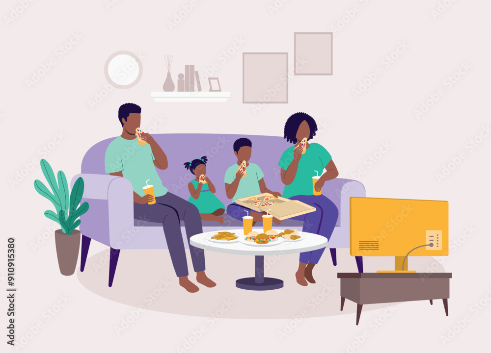 Black Family Eating Pizza For Dinner And Watching TV Together In The Living Room At Home. Black Family Eating Pizza For Dinner And Watching TV Together In The Living Room At Home.