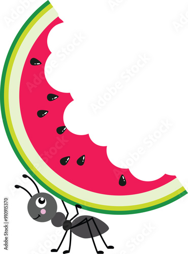Cute ant carrying a slice of eaten watermelon