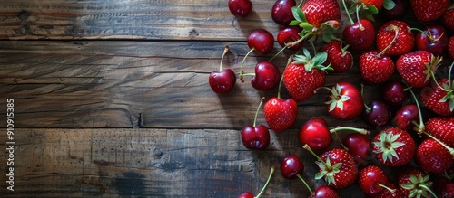 Top view flatlay of fresh cherries and strawberries on a wooden surface embodying a summer theme with ample copy space image photo