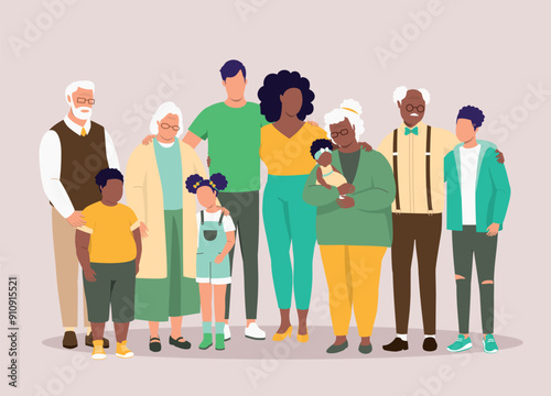Portrait Of A Large Or Multi-Generational Diverse Family In Different Age, Gender, Body Size, Hairstyle And Racial. Full Length.