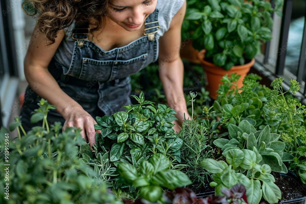 Fototapeta premium Woman tending to a lush herb garden on a balcony, enjoying urban gardening and nature