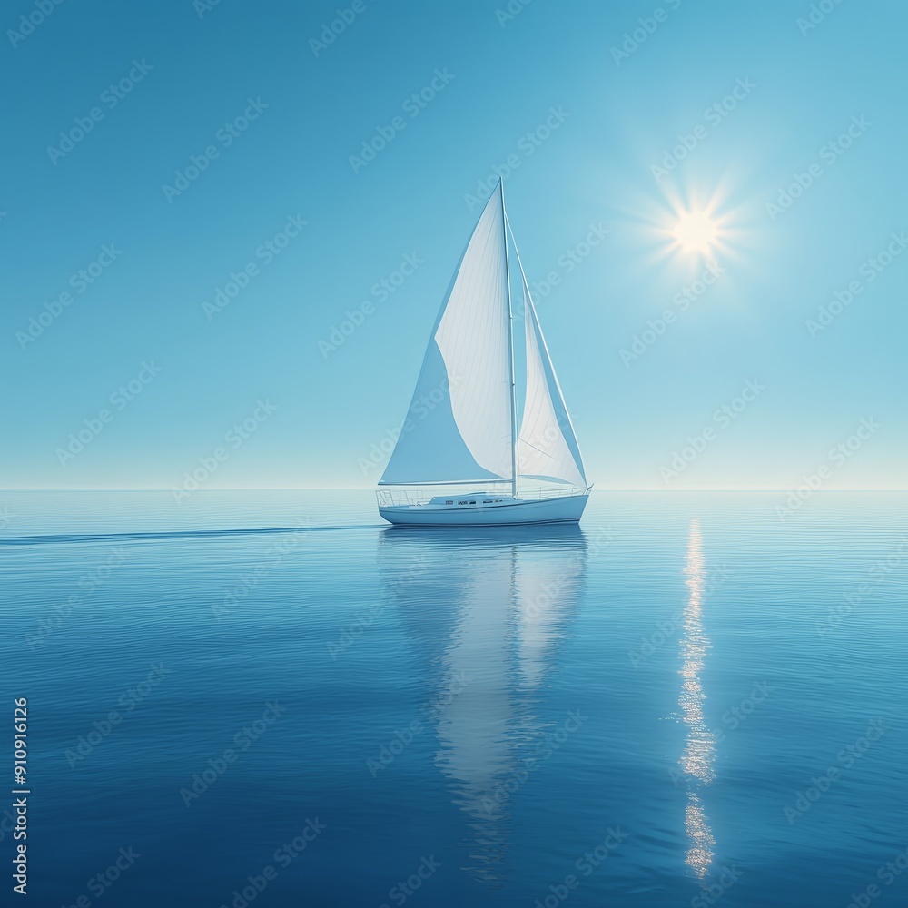 Obraz premium Serene view of a sailboat gliding on calm blue ocean waters under a bright sunlit sky, evoking peace and tranquility.