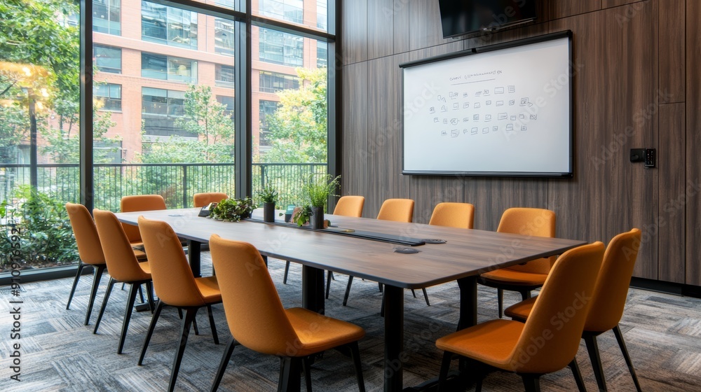 Modern conference room with a large table, orange chairs, and a projector, designed for collaborative meetings and presentations.