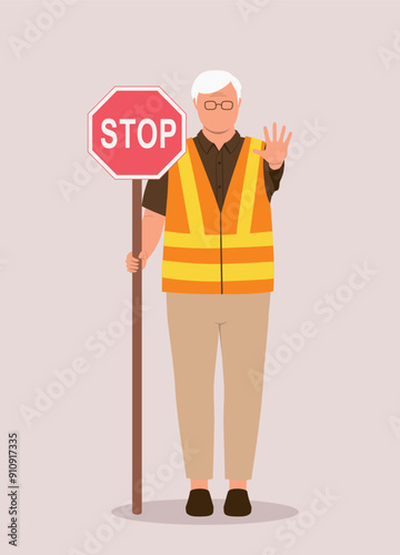 One Elderly Man In Safety Reflective Vest Working As School Crossing Guard.