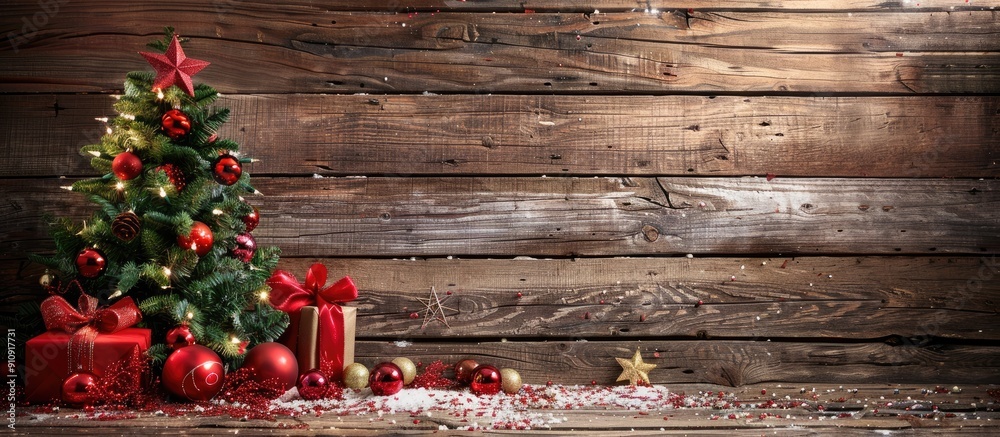 Festive Christmas tree decorations set against a rustic wooden backdrop with copy space image Festive Christmas tree decorations set against a rustic wooden backdrop with copy space image