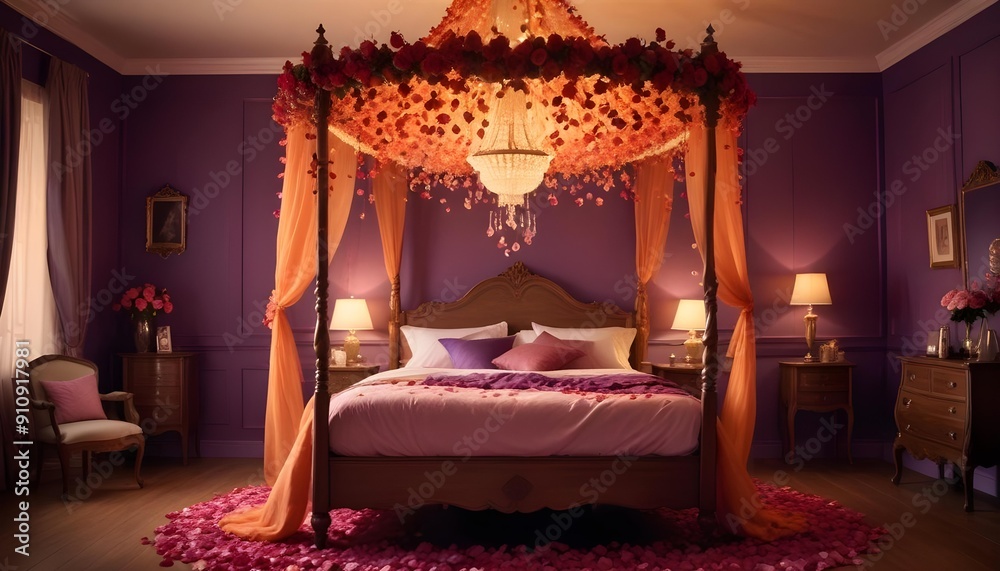 Fototapeta premium Romantic Rose Petal Trail in a Twilight Bedroom theme