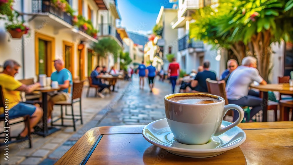 Taza de café en la mesa de un café al aire libre en una calle pintoresca, con personas disfrutando de un día soleado. Taza de café en la mesa de un café al aire libre en una calle pintoresca, con personas disfrutando de un día soleado.