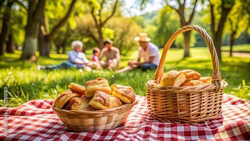 Picnic familiar en el parque con cesta de mimbre llena de panecillos y bollería sobre una manta a cuadros, rodeado de naturaleza. photo